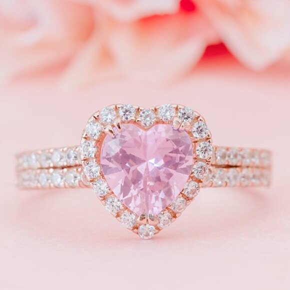 Pink Heart Gemstone Ring, 925 Sterling Silver, 18k rose gold Charmed Aroma - Picture 1 of 3